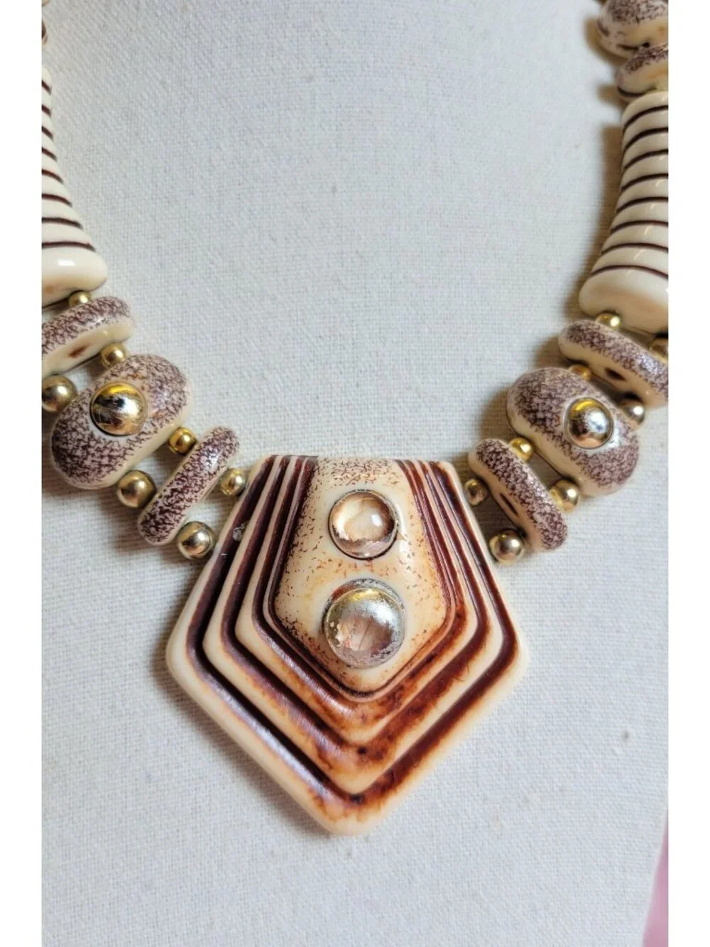 Vintage 70's Cream and Brown Geometric Gold Tone Statement Necklace N1F